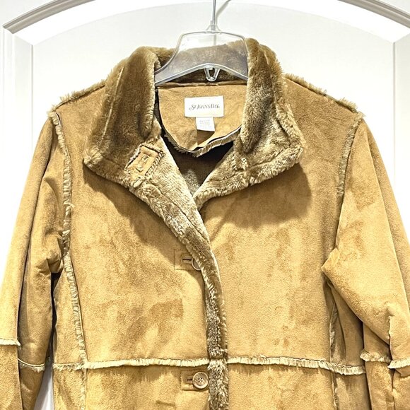 New St. John's Bay Tan Brown Vegan Faux Suede Fur Long Coat PS Petite Small - Picture 3 of 9
